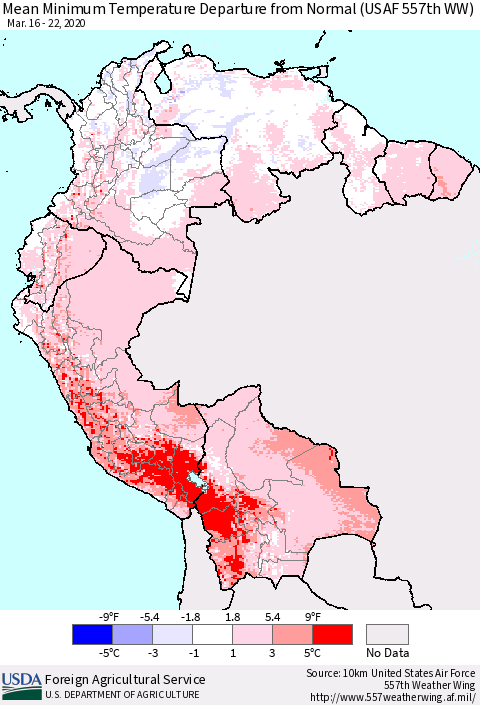 Northern South America Minimum Temperature Departure From Normal (USAF 557th WW) Thematic Map For 3/16/2020 - 3/22/2020