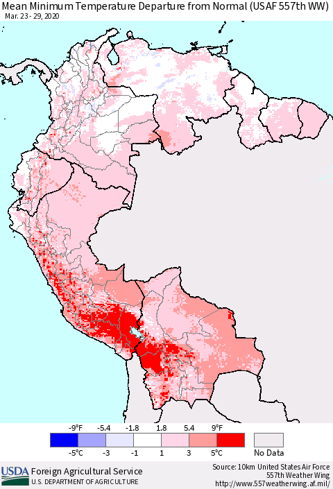 Northern South America Minimum Temperature Departure From Normal (USAF 557th WW) Thematic Map For 3/23/2020 - 3/29/2020