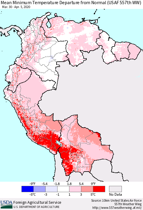 Northern South America Minimum Temperature Departure From Normal (USAF 557th WW) Thematic Map For 3/30/2020 - 4/5/2020