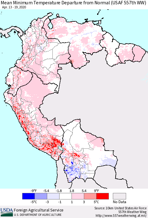 Northern South America Mean Minimum Temperature Departure from Normal (USAF 557th WW) Thematic Map For 4/13/2020 - 4/19/2020
