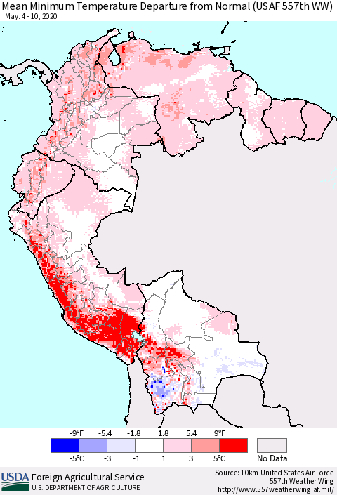 Northern South America Minimum Temperature Departure From Normal (USAF 557th WW) Thematic Map For 5/4/2020 - 5/10/2020