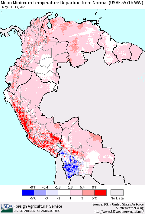 Northern South America Mean Minimum Temperature Departure from Normal (USAF 557th WW) Thematic Map For 5/11/2020 - 5/17/2020