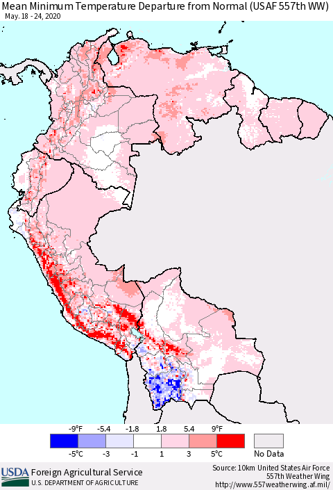 Northern South America Minimum Temperature Departure From Normal (USAF 557th WW) Thematic Map For 5/18/2020 - 5/24/2020