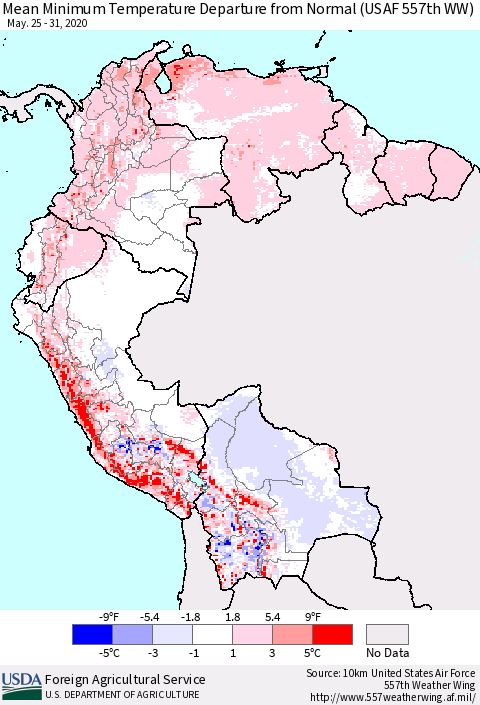Northern South America Mean Minimum Temperature Departure from Normal (USAF 557th WW) Thematic Map For 5/25/2020 - 5/31/2020