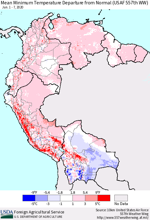 Northern South America Mean Minimum Temperature Departure from Normal (USAF 557th WW) Thematic Map For 6/1/2020 - 6/7/2020