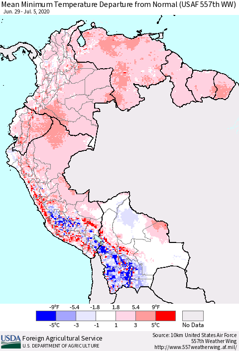 Northern South America Mean Minimum Temperature Departure from Normal (USAF 557th WW) Thematic Map For 6/29/2020 - 7/5/2020