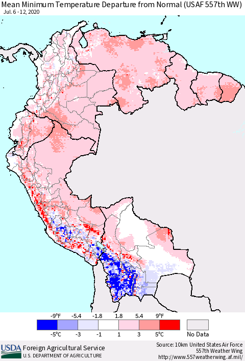 Northern South America Mean Minimum Temperature Departure from Normal (USAF 557th WW) Thematic Map For 7/6/2020 - 7/12/2020