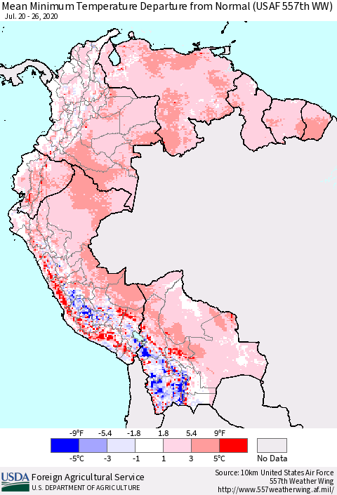 Northern South America Minimum Temperature Departure From Normal (USAF 557th WW) Thematic Map For 7/20/2020 - 7/26/2020