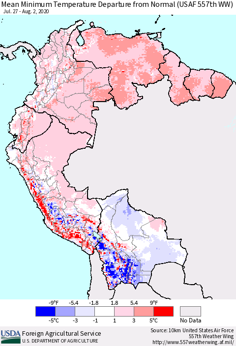 Northern South America Mean Minimum Temperature Departure from Normal (USAF 557th WW) Thematic Map For 7/27/2020 - 8/2/2020