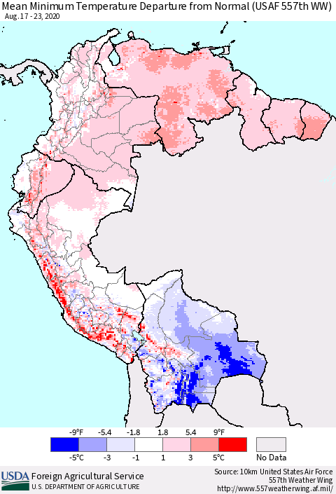 Northern South America Mean Minimum Temperature Departure from Normal (USAF 557th WW) Thematic Map For 8/17/2020 - 8/23/2020