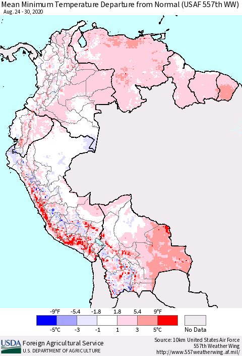 Northern South America Mean Minimum Temperature Departure from Normal (USAF 557th WW) Thematic Map For 8/24/2020 - 8/30/2020