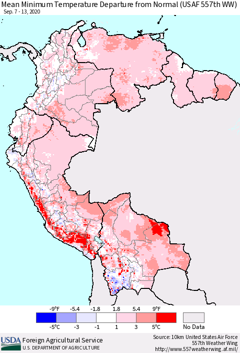 Northern South America Mean Minimum Temperature Departure from Normal (USAF 557th WW) Thematic Map For 9/7/2020 - 9/13/2020