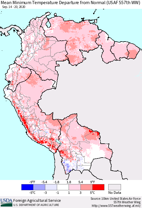 Northern South America Minimum Temperature Departure From Normal (USAF 557th WW) Thematic Map For 9/14/2020 - 9/20/2020