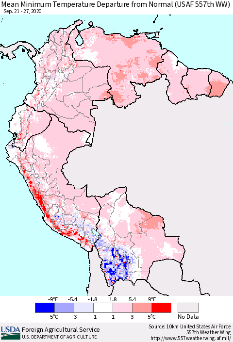 Northern South America Minimum Temperature Departure From Normal (USAF 557th WW) Thematic Map For 9/21/2020 - 9/27/2020