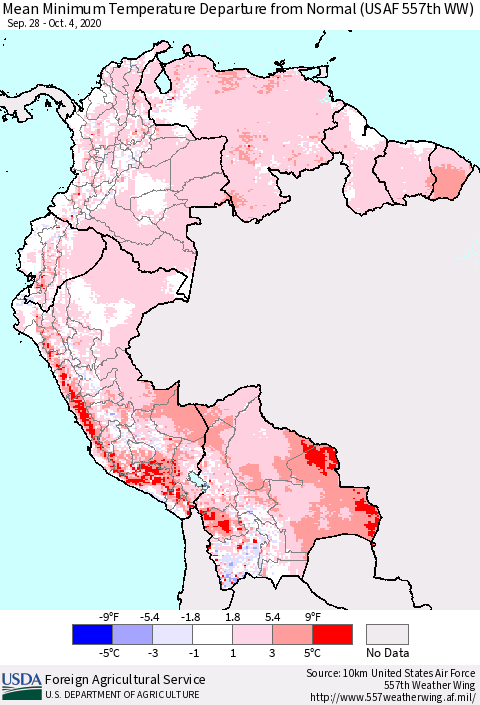 Northern South America Mean Minimum Temperature Departure from Normal (USAF 557th WW) Thematic Map For 9/28/2020 - 10/4/2020