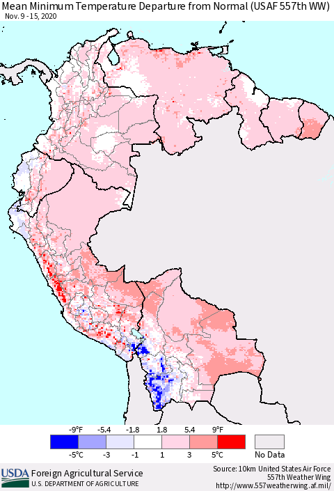 Northern South America Mean Minimum Temperature Departure from Normal (USAF 557th WW) Thematic Map For 11/9/2020 - 11/15/2020