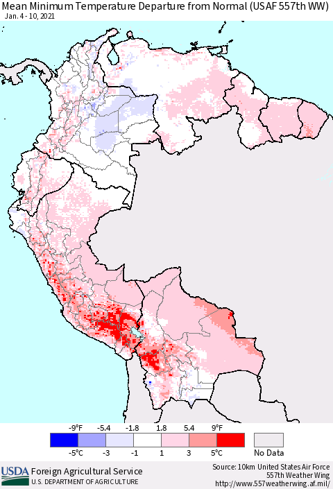 Northern South America Mean Minimum Temperature Departure from Normal (USAF 557th WW) Thematic Map For 1/4/2021 - 1/10/2021
