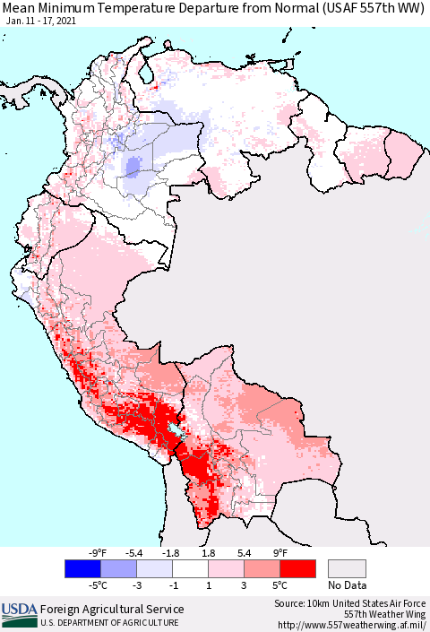 Northern South America Mean Minimum Temperature Departure from Normal (USAF 557th WW) Thematic Map For 1/11/2021 - 1/17/2021