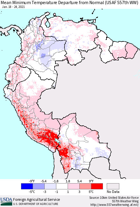 Northern South America Mean Minimum Temperature Departure from Normal (USAF 557th WW) Thematic Map For 1/18/2021 - 1/24/2021
