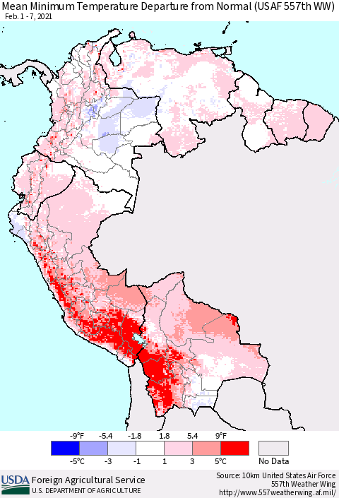 Northern South America Mean Minimum Temperature Departure from Normal (USAF 557th WW) Thematic Map For 2/1/2021 - 2/7/2021