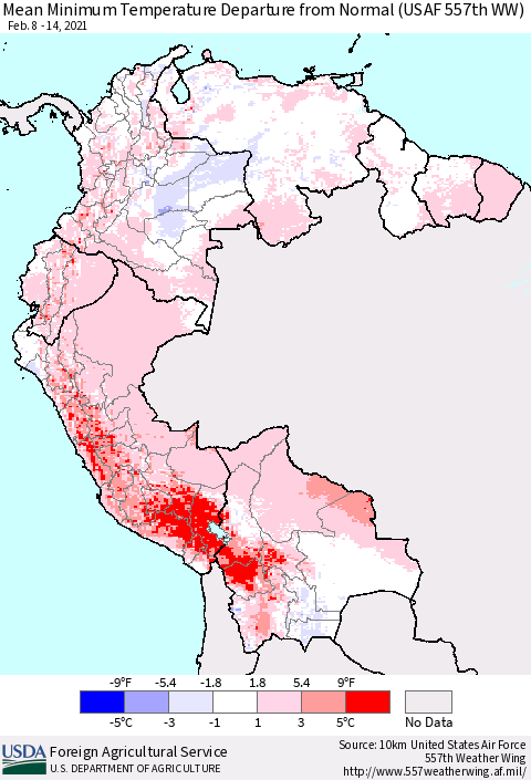 Northern South America Mean Minimum Temperature Departure from Normal (USAF 557th WW) Thematic Map For 2/8/2021 - 2/14/2021