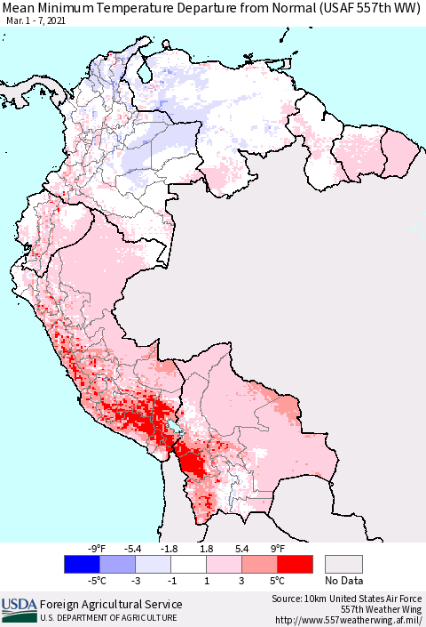 Northern South America Mean Minimum Temperature Departure from Normal (USAF 557th WW) Thematic Map For 3/1/2021 - 3/7/2021