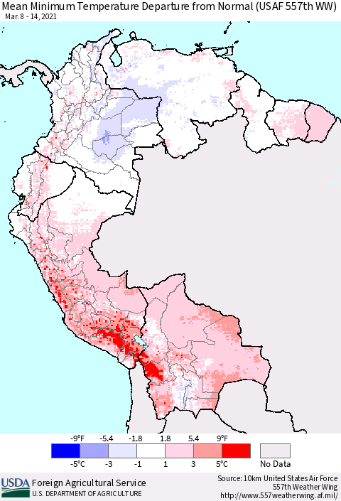 Northern South America Mean Minimum Temperature Departure from Normal (USAF 557th WW) Thematic Map For 3/8/2021 - 3/14/2021