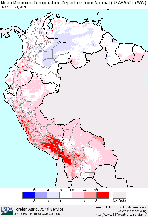 Northern South America Mean Minimum Temperature Departure from Normal (USAF 557th WW) Thematic Map For 3/15/2021 - 3/21/2021