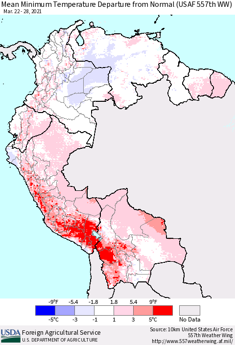 Northern South America Mean Minimum Temperature Departure from Normal (USAF 557th WW) Thematic Map For 3/22/2021 - 3/28/2021