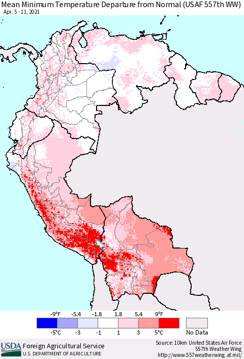 Northern South America Mean Minimum Temperature Departure from Normal (USAF 557th WW) Thematic Map For 4/5/2021 - 4/11/2021