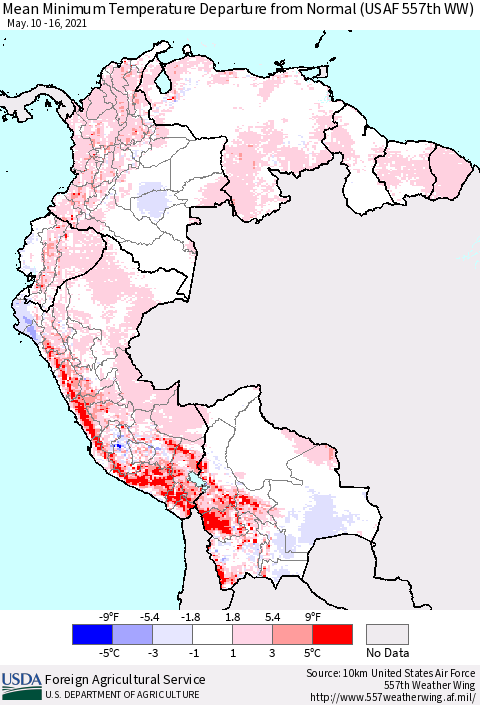 Northern South America Mean Minimum Temperature Departure from Normal (USAF 557th WW) Thematic Map For 5/10/2021 - 5/16/2021