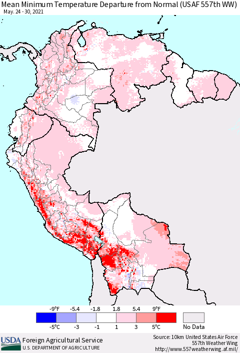 Northern South America Mean Minimum Temperature Departure from Normal (USAF 557th WW) Thematic Map For 5/24/2021 - 5/30/2021