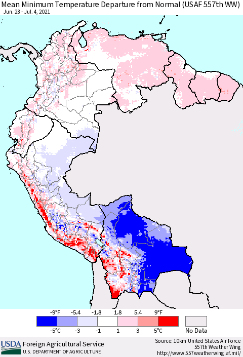 Northern South America Mean Minimum Temperature Departure from Normal (USAF 557th WW) Thematic Map For 6/28/2021 - 7/4/2021