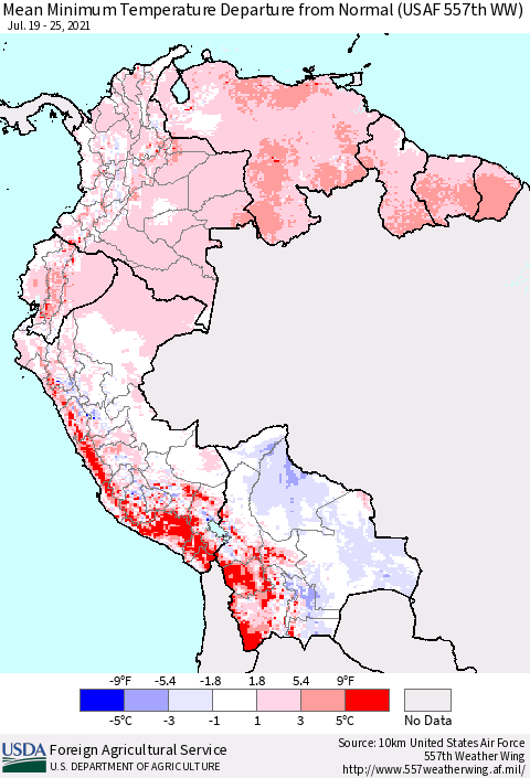 Northern South America Mean Minimum Temperature Departure from Normal (USAF 557th WW) Thematic Map For 7/19/2021 - 7/25/2021