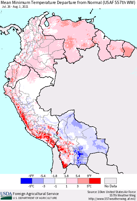 Northern South America Mean Minimum Temperature Departure from Normal (USAF 557th WW) Thematic Map For 7/26/2021 - 8/1/2021