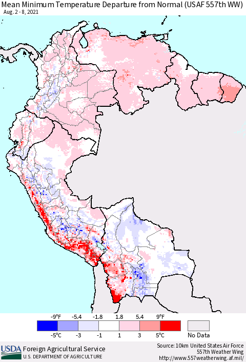 Northern South America Mean Minimum Temperature Departure from Normal (USAF 557th WW) Thematic Map For 8/2/2021 - 8/8/2021