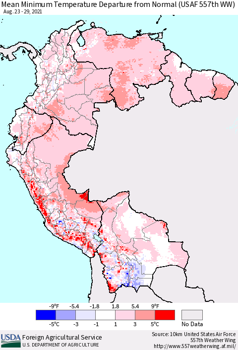 Northern South America Mean Minimum Temperature Departure from Normal (USAF 557th WW) Thematic Map For 8/23/2021 - 8/29/2021