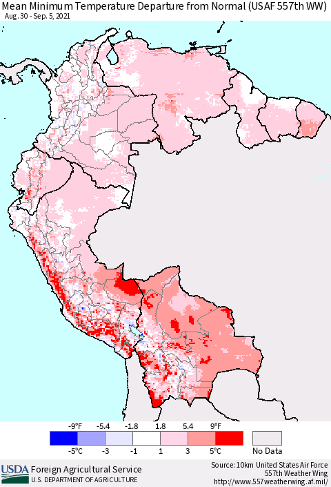 Northern South America Mean Minimum Temperature Departure from Normal (USAF 557th WW) Thematic Map For 8/30/2021 - 9/5/2021