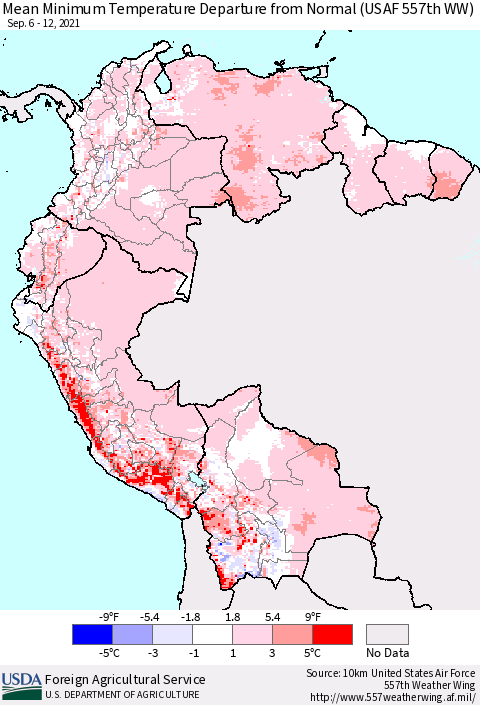 Northern South America Mean Minimum Temperature Departure from Normal (USAF 557th WW) Thematic Map For 9/6/2021 - 9/12/2021