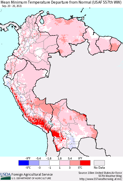Northern South America Mean Minimum Temperature Departure from Normal (USAF 557th WW) Thematic Map For 9/20/2021 - 9/26/2021
