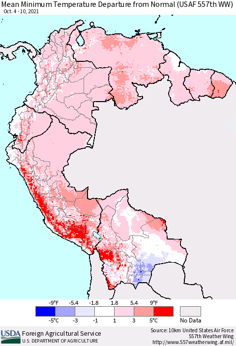 Northern South America Mean Minimum Temperature Departure from Normal (USAF 557th WW) Thematic Map For 10/4/2021 - 10/10/2021