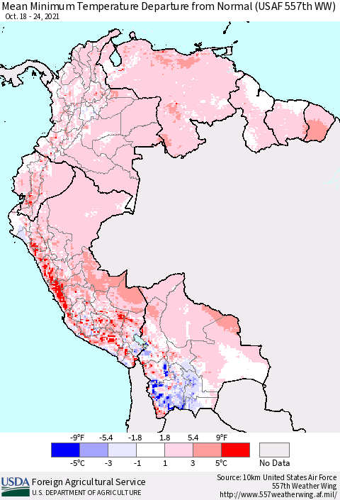 Northern South America Mean Minimum Temperature Departure from Normal (USAF 557th WW) Thematic Map For 10/18/2021 - 10/24/2021
