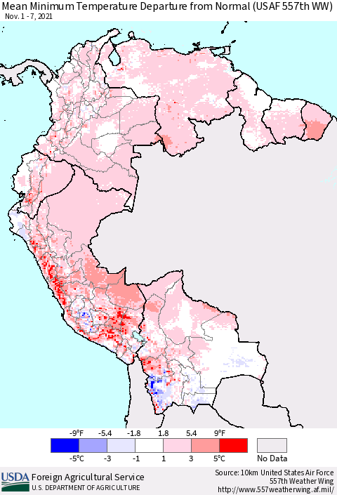Northern South America Mean Minimum Temperature Departure from Normal (USAF 557th WW) Thematic Map For 11/1/2021 - 11/7/2021