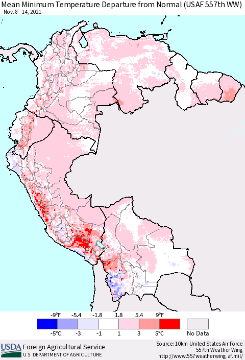 Northern South America Minimum Temperature Departure From Normal (USAF 557th WW) Thematic Map For 11/8/2021 - 11/14/2021