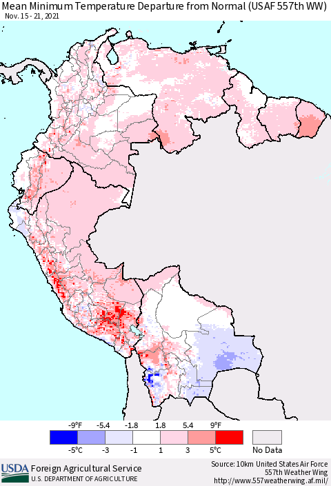Northern South America Minimum Temperature Departure From Normal (USAF 557th WW) Thematic Map For 11/15/2021 - 11/21/2021