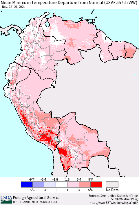 Northern South America Minimum Temperature Departure From Normal (USAF 557th WW) Thematic Map For 11/22/2021 - 11/28/2021