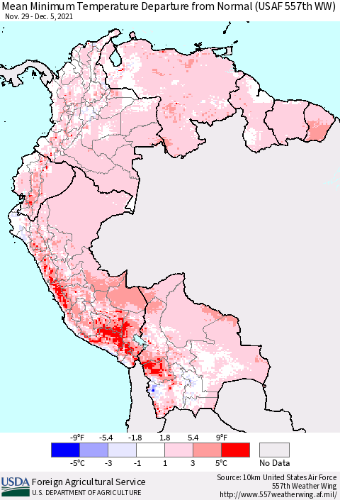 Northern South America Minimum Temperature Departure From Normal (USAF 557th WW) Thematic Map For 11/29/2021 - 12/5/2021