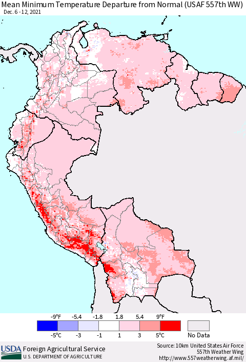 Northern South America Minimum Temperature Departure From Normal (USAF 557th WW) Thematic Map For 12/6/2021 - 12/12/2021