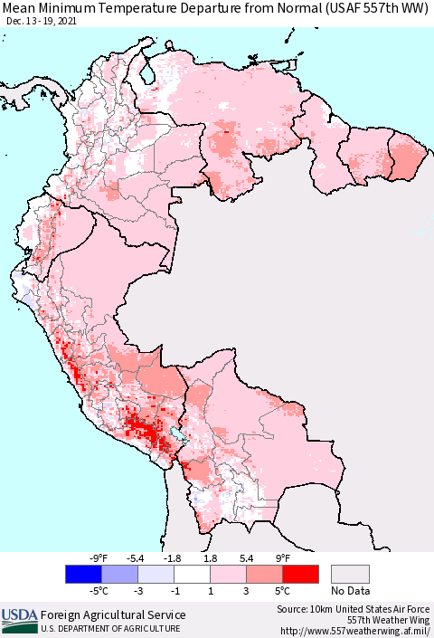 Northern South America Minimum Temperature Departure From Normal (USAF 557th WW) Thematic Map For 12/13/2021 - 12/19/2021