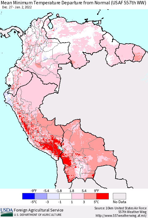 Northern South America Minimum Temperature Departure From Normal (USAF 557th WW) Thematic Map For 12/27/2021 - 1/2/2022